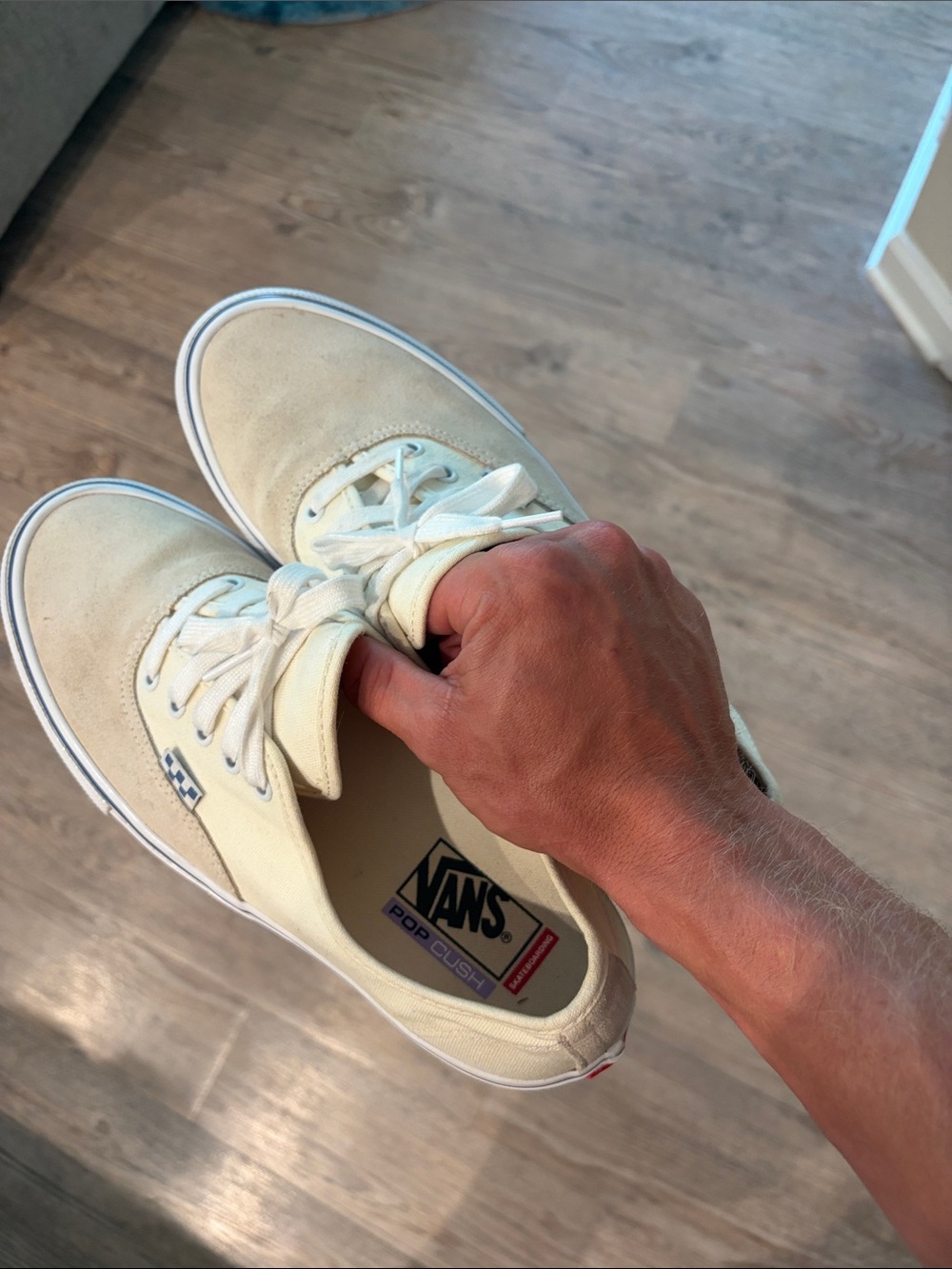 Vans Low-Top Canvas Sneakers in Off-White with Blue Stripe - Picture 2 of 4